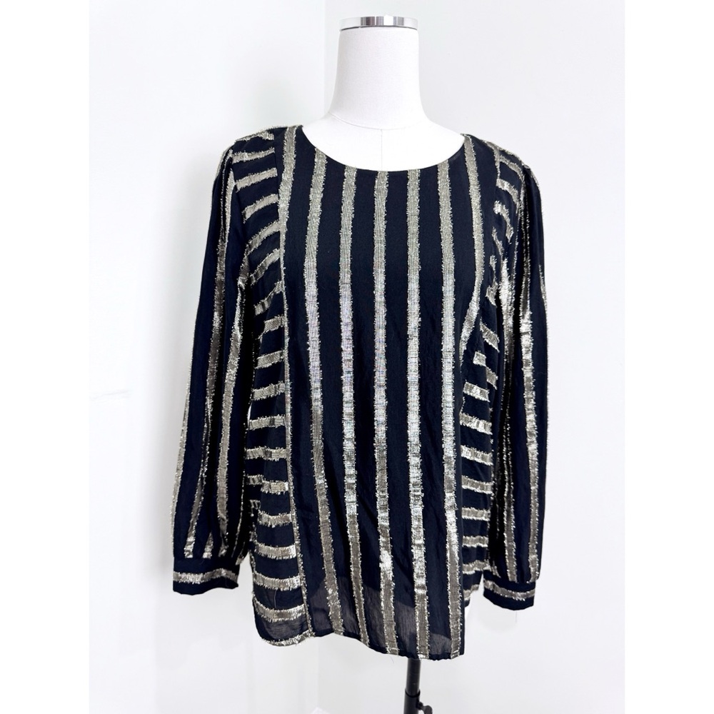 Alfani Metallic Stripe Blouse Party Top Sparkly Shimmer Elegant Black M